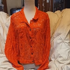 Cato Orange Lace/Embroidered Button-Front Shirt